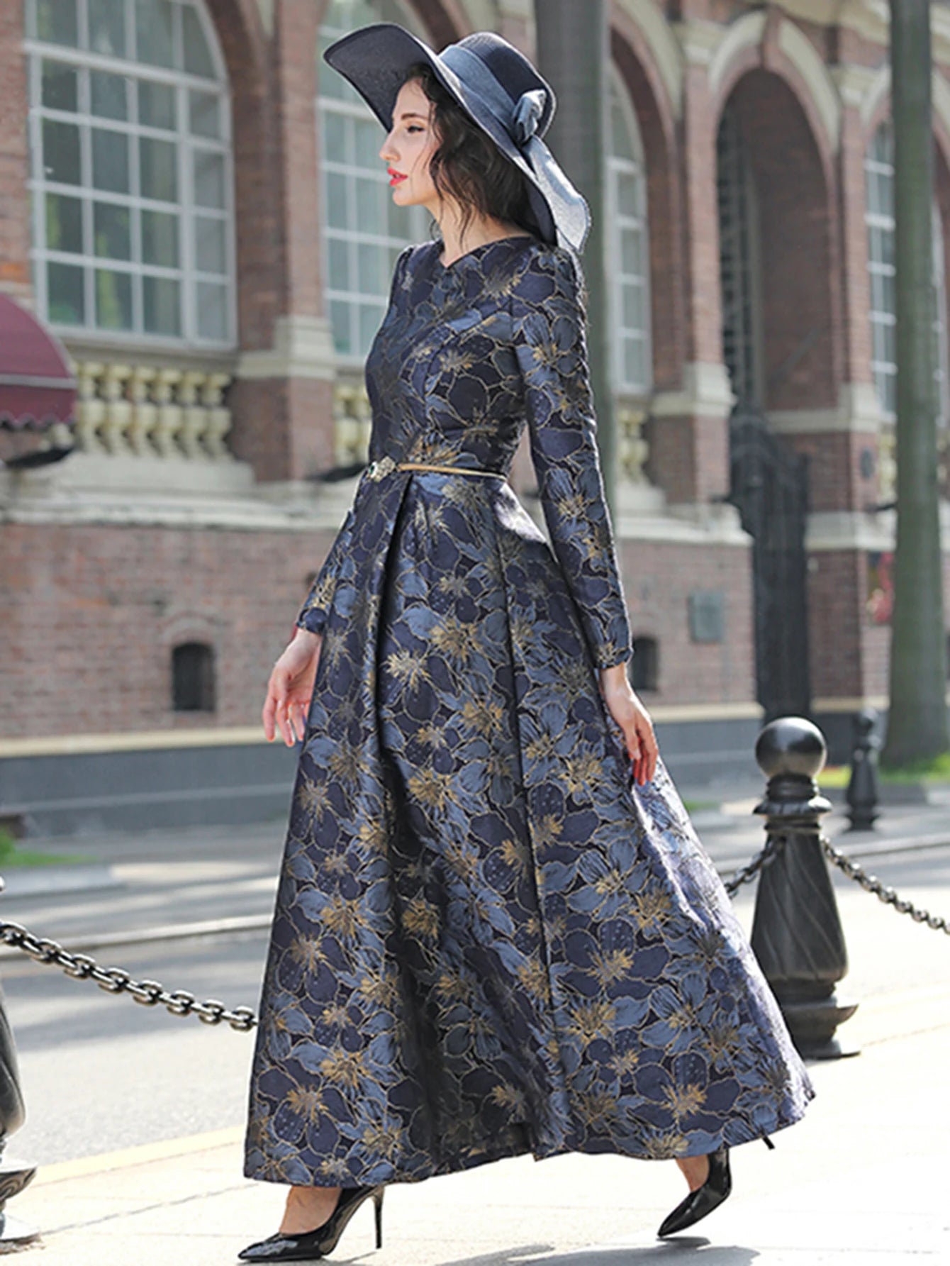 Quality Elegant Women Long Sleeve Maxi Dress Floral Jacquard V Neck Lady Autumn Winter Party Fashion Formal Vestidos