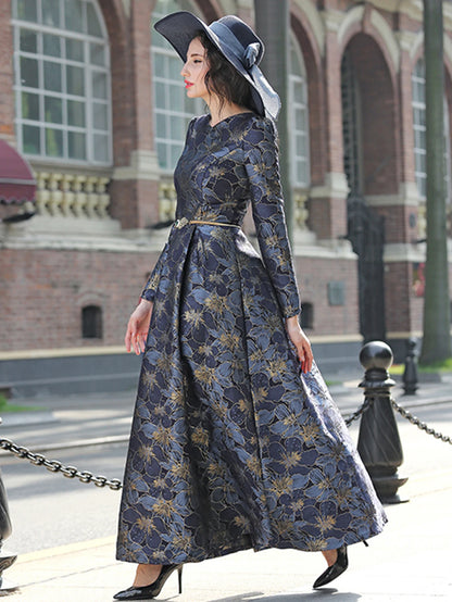 Quality Elegant Women Long Sleeve Maxi Dress Floral Jacquard V Neck Lady Autumn Winter Party Fashion Formal Vestidos