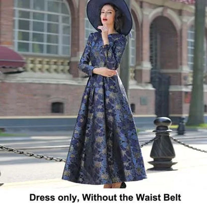 Quality Elegant Women Long Sleeve Maxi Dress Floral Jacquard V Neck Lady Autumn Winter Party Fashion Formal Vestidos