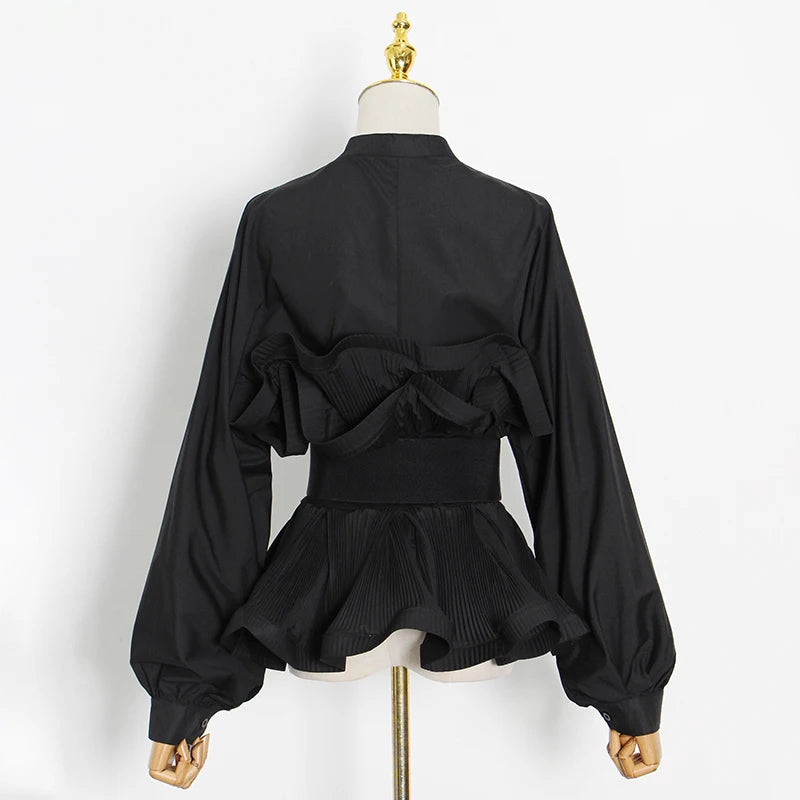 Elegant Patchwork Ruffle Sashes Blouse for Women Stand Collar Long Sleeve Korean Tunic Blouse Female Fashion New