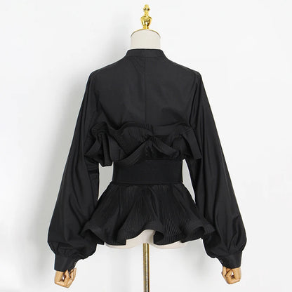 Elegant Patchwork Ruffle Sashes Blouse for Women Stand Collar Long Sleeve Korean Tunic Blouse Female Fashion New