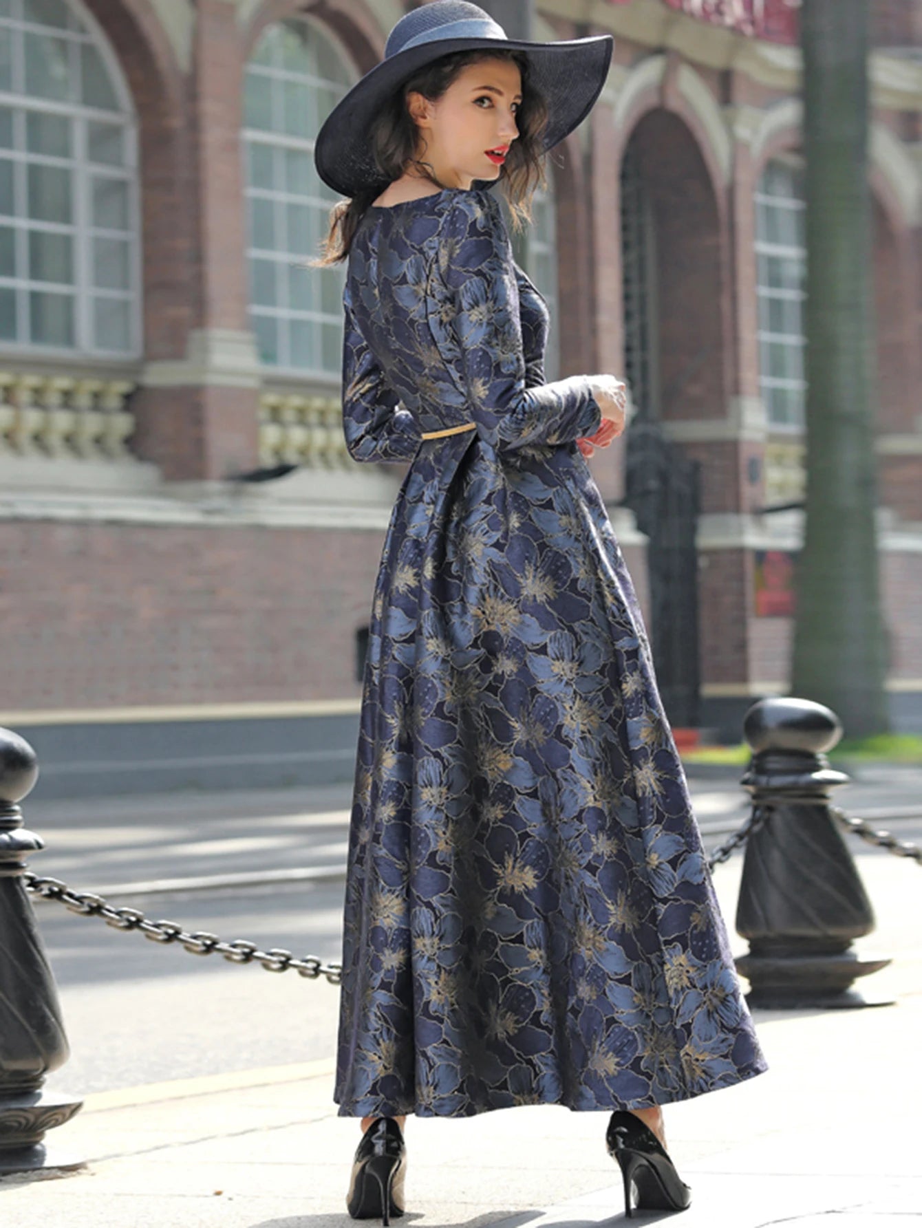 Quality Elegant Women Long Sleeve Maxi Dress Floral Jacquard V Neck Lady Autumn Winter Party Fashion Formal Vestidos