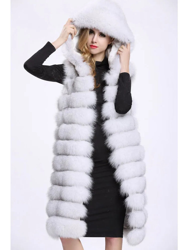New Luxury Thick Warm Long Faux Fur Vest Sleeveless Winter Jacket Women Furry Hooded Fake Fur Coats Veste Longue Femme