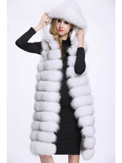New Luxury Thick Warm Long Faux Fur Vest Sleeveless Winter Jacket Women Furry Hooded Fake Fur Coats Veste Longue Femme