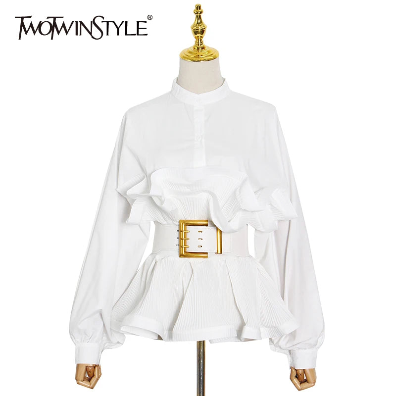 Elegant Patchwork Ruffle Sashes Blouse for Women Stand Collar Long Sleeve Korean Tunic Blouse Female Fashion New