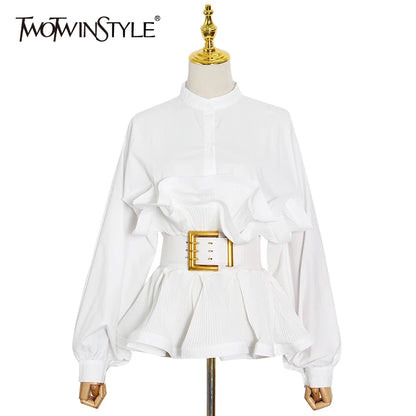 Elegant Patchwork Ruffle Sashes Blouse for Women Stand Collar Long Sleeve Korean Tunic Blouse Female Fashion New