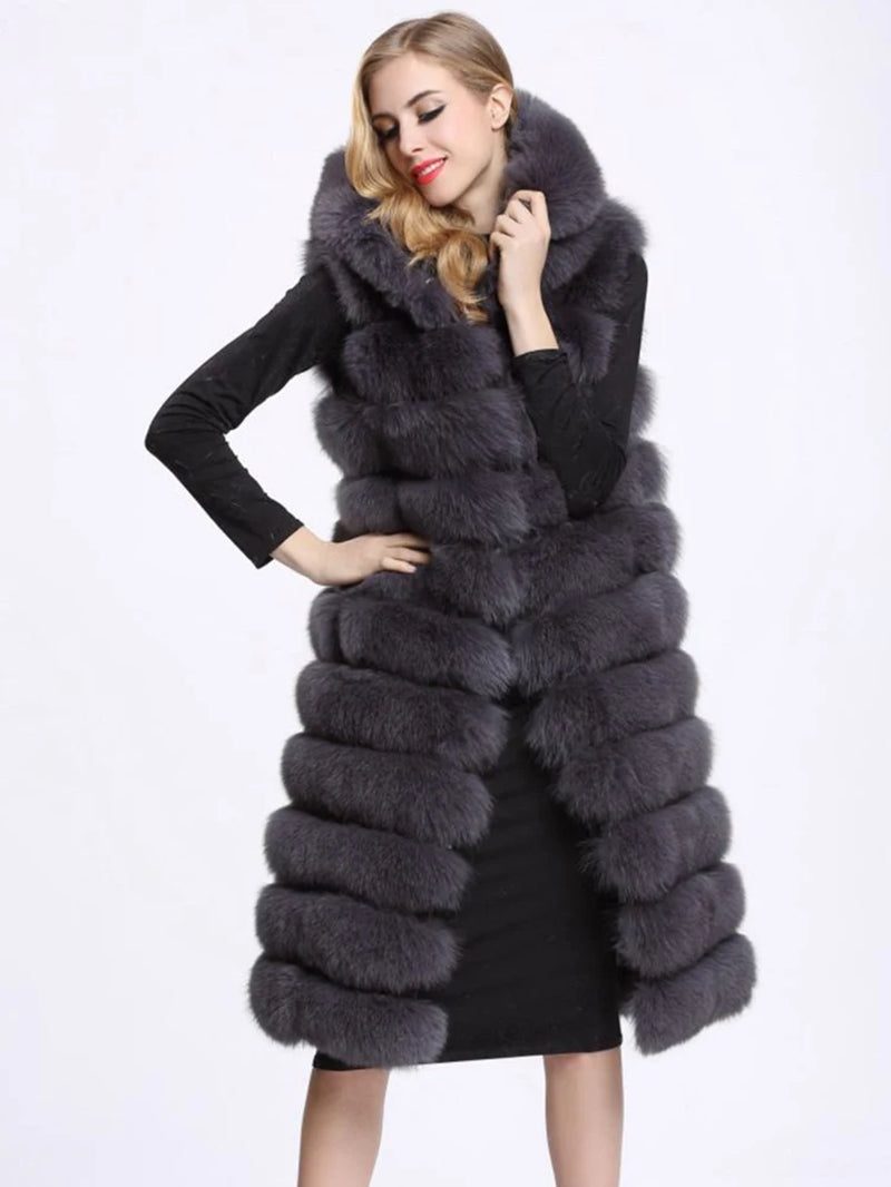 New Luxury Thick Warm Long Faux Fur Vest Sleeveless Winter Jacket Women Furry Hooded Fake Fur Coats Veste Longue Femme