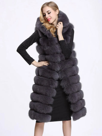 New Luxury Thick Warm Long Faux Fur Vest Sleeveless Winter Jacket Women Furry Hooded Fake Fur Coats Veste Longue Femme
