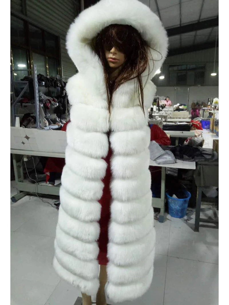 New Luxury Thick Warm Long Faux Fur Vest Sleeveless Winter Jacket Women Furry Hooded Fake Fur Coats Veste Longue Femme