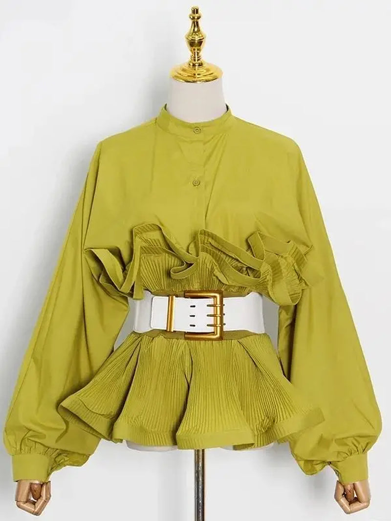 Elegant Patchwork Ruffle Sashes Blouse for Women Stand Collar Long Sleeve Korean Tunic Blouse Female Fashion New