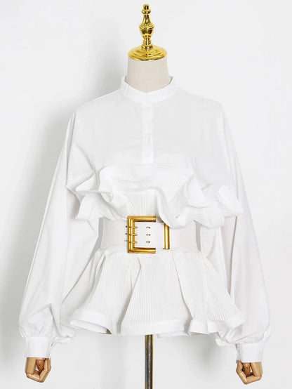 Elegant Patchwork Ruffle Sashes Blouse for Women Stand Collar Long Sleeve Korean Tunic Blouse Female Fashion New