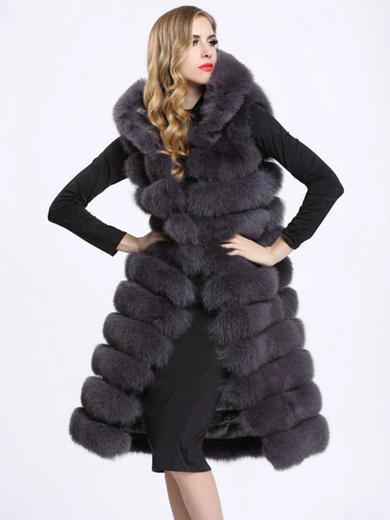 New Luxury Thick Warm Long Faux Fur Vest Sleeveless Winter Jacket Women Furry Hooded Fake Fur Coats Veste Longue Femme