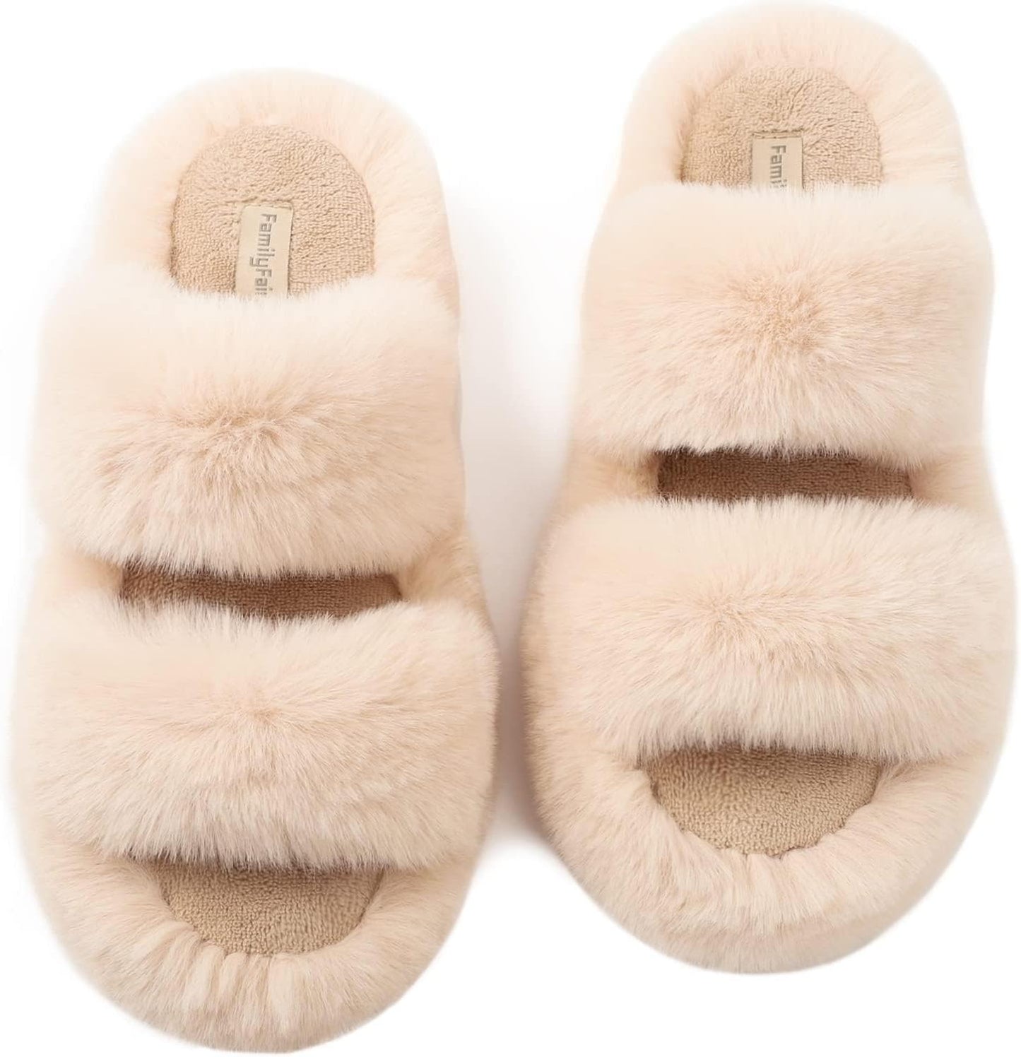 Luxuriously Soft Women's Fluffy Faux Fur Slippers - Comfy Open Toe Two Band Slides with Cozy Fleece Lining and Durable Rubber Sole