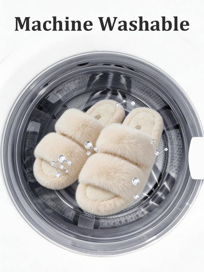 Luxuriously Soft Women's Fluffy Faux Fur Slippers - Comfy Open Toe Two Band Slides with Cozy Fleece Lining and Durable Rubber Sole
