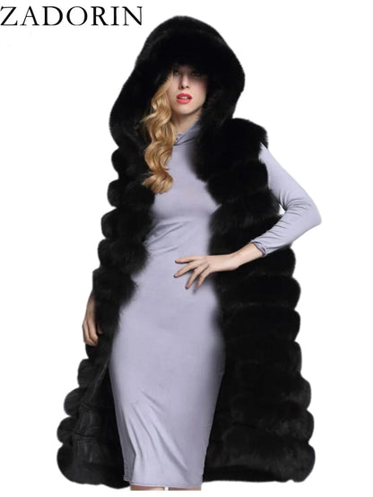 New Luxury Thick Warm Long Faux Fur Vest Sleeveless Winter Jacket Women Furry Hooded Fake Fur Coats Veste Longue Femme