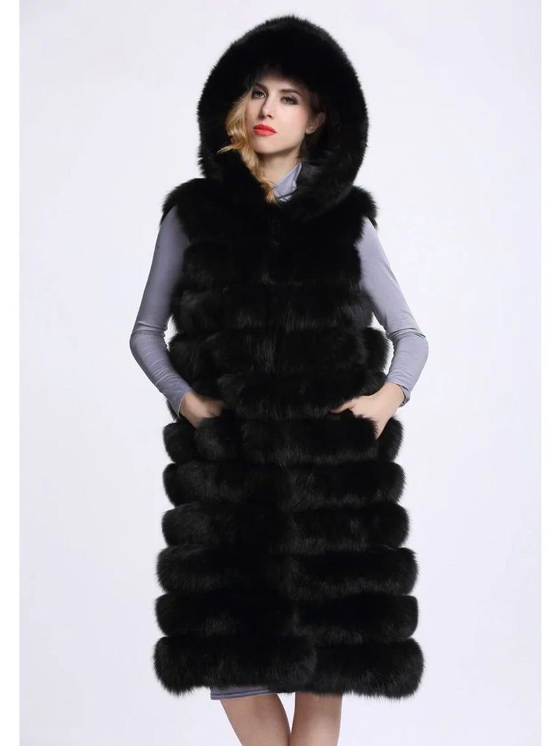 New Luxury Thick Warm Long Faux Fur Vest Sleeveless Winter Jacket Women Furry Hooded Fake Fur Coats Veste Longue Femme