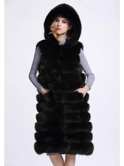 New Luxury Thick Warm Long Faux Fur Vest Sleeveless Winter Jacket Women Furry Hooded Fake Fur Coats Veste Longue Femme