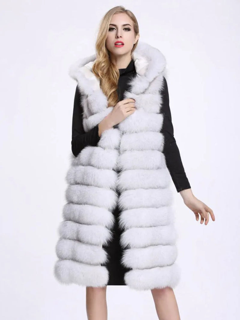 New Luxury Thick Warm Long Faux Fur Vest Sleeveless Winter Jacket Women Furry Hooded Fake Fur Coats Veste Longue Femme
