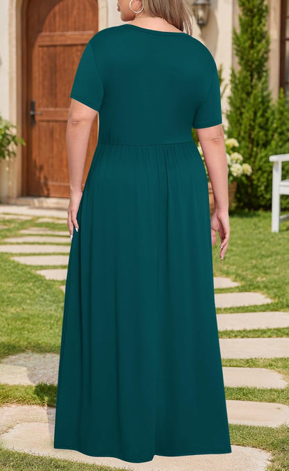 Women plus Size Maxi Dress Short Sleeve round Neck Loose Fit A-Line | plus Size Long Dress,Summer Casual Maxi Dresses,Short Sleeve,Side Pockets,Round Neck,Elastic Waist,14 plus – 26 Plus