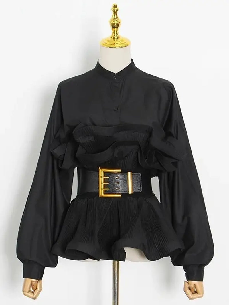 Elegant Patchwork Ruffle Sashes Blouse for Women Stand Collar Long Sleeve Korean Tunic Blouse Female Fashion New