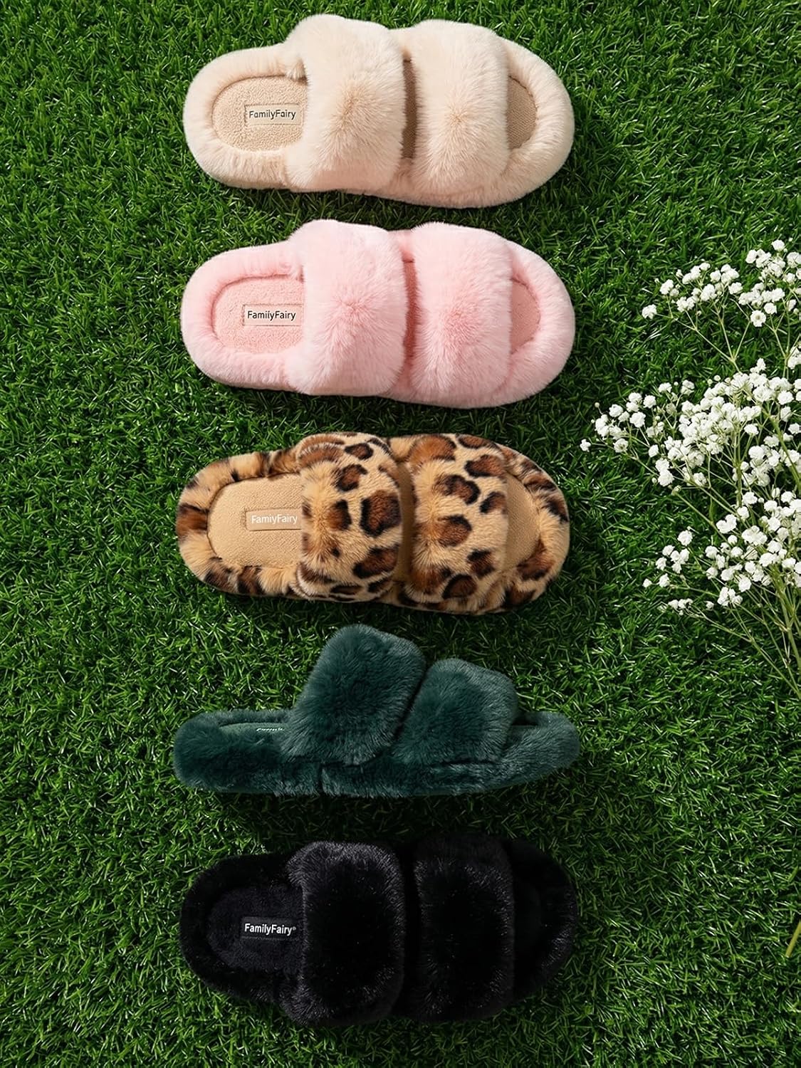 Luxuriously Soft Women's Fluffy Faux Fur Slippers - Comfy Open Toe Two Band Slides with Cozy Fleece Lining and Durable Rubber Sole