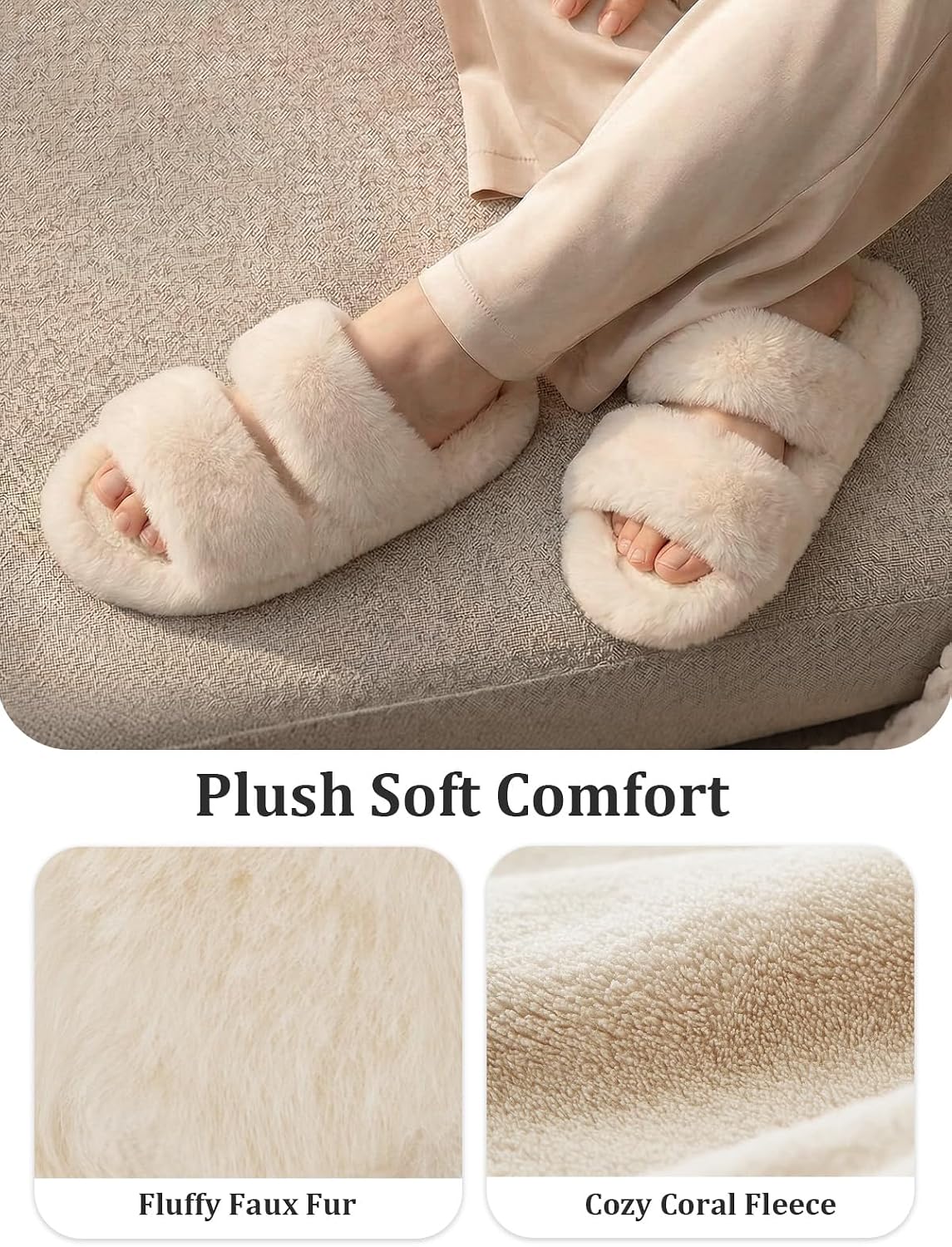 Luxuriously Soft Women's Fluffy Faux Fur Slippers - Comfy Open Toe Two Band Slides with Cozy Fleece Lining and Durable Rubber Sole