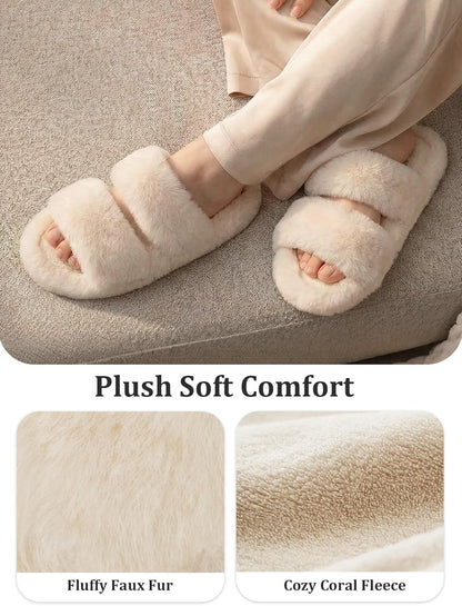 Luxuriously Soft Women's Fluffy Faux Fur Slippers - Comfy Open Toe Two Band Slides with Cozy Fleece Lining and Durable Rubber Sole