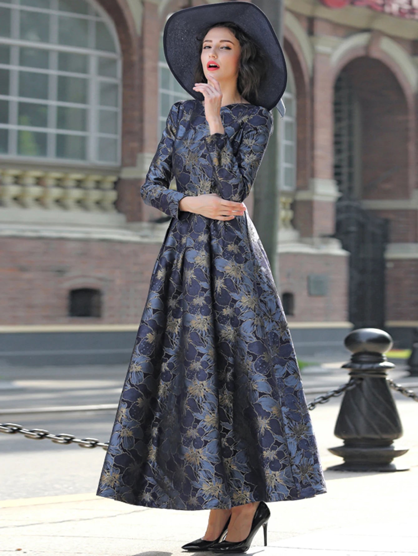 Quality Elegant Women Long Sleeve Maxi Dress Floral Jacquard V Neck Lady Autumn Winter Party Fashion Formal Vestidos