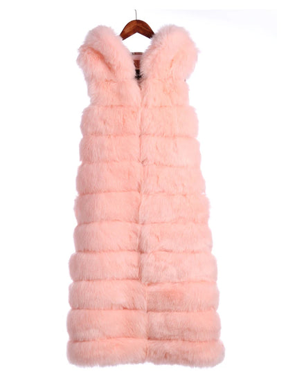New Luxury Thick Warm Long Faux Fur Vest Sleeveless Winter Jacket Women Furry Hooded Fake Fur Coats Veste Longue Femme