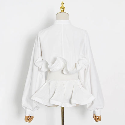 Elegant Patchwork Ruffle Sashes Blouse for Women Stand Collar Long Sleeve Korean Tunic Blouse Female Fashion New