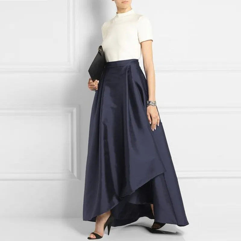 Office Lady Dark Navy Blue Long Satin Skirts for Women 2018 Asymmetrical Fashion Female Adult Skirt Zipper Pleat Saias New