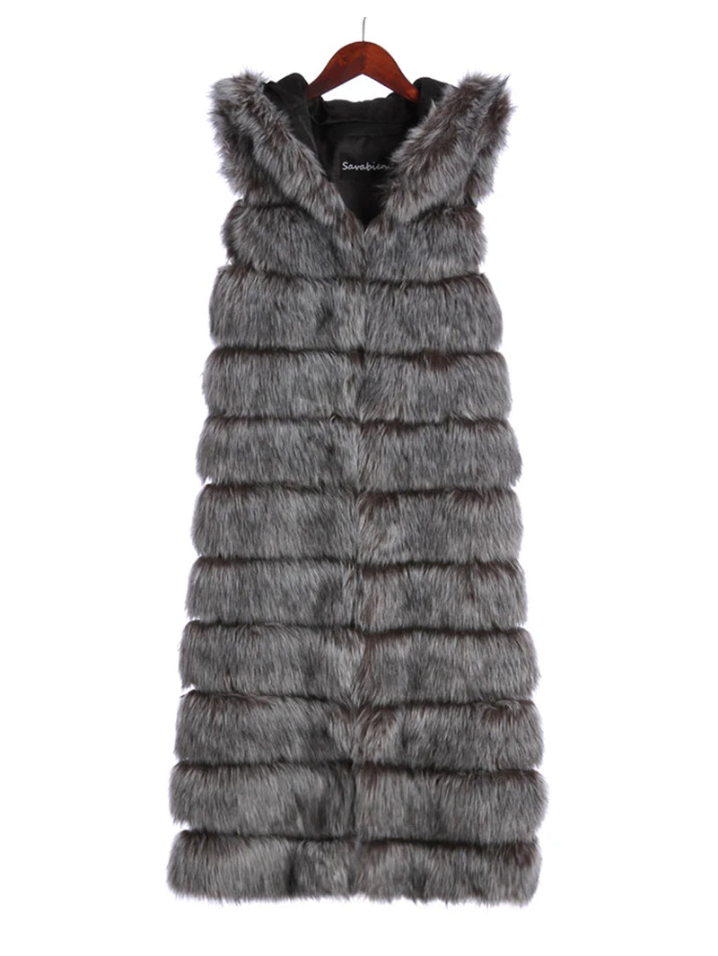 New Luxury Thick Warm Long Faux Fur Vest Sleeveless Winter Jacket Women Furry Hooded Fake Fur Coats Veste Longue Femme