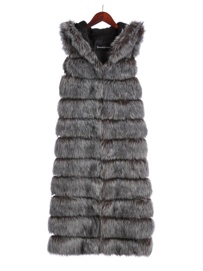 New Luxury Thick Warm Long Faux Fur Vest Sleeveless Winter Jacket Women Furry Hooded Fake Fur Coats Veste Longue Femme