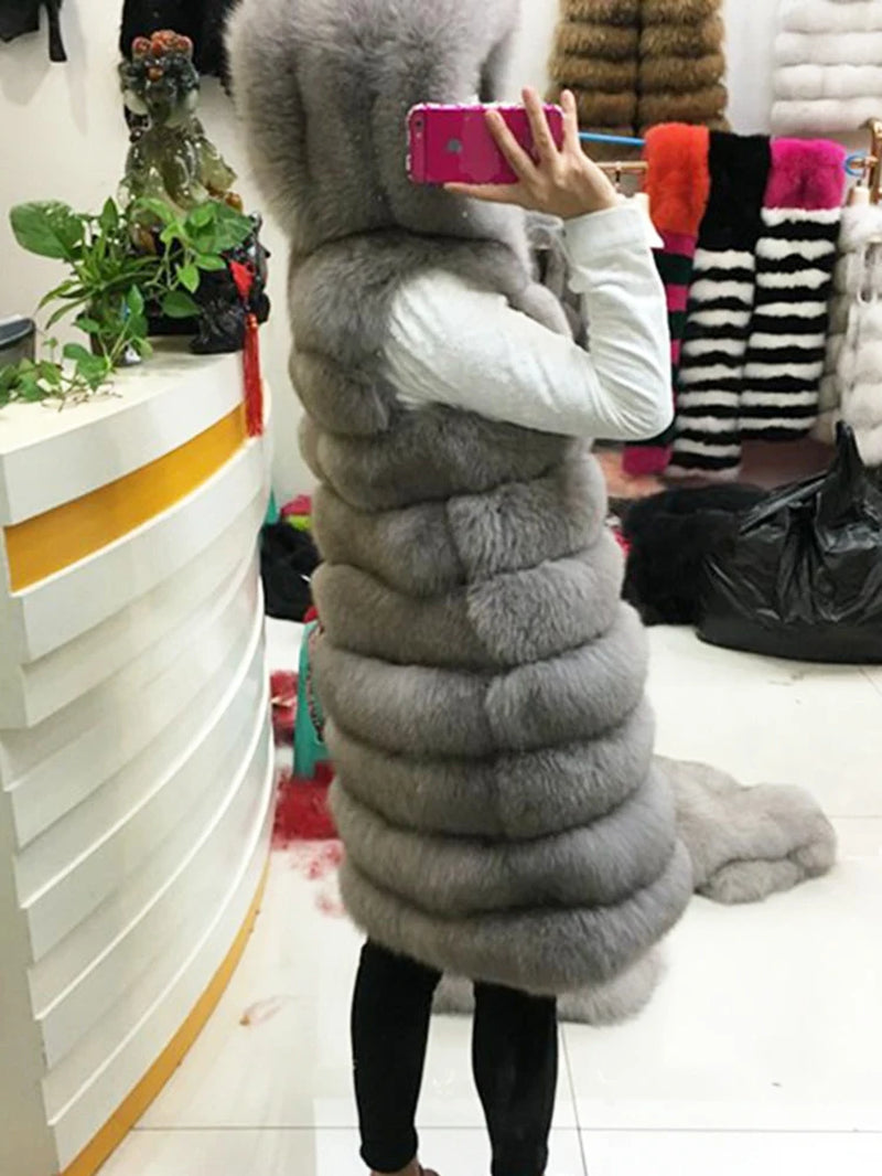 New Luxury Thick Warm Long Faux Fur Vest Sleeveless Winter Jacket Women Furry Hooded Fake Fur Coats Veste Longue Femme