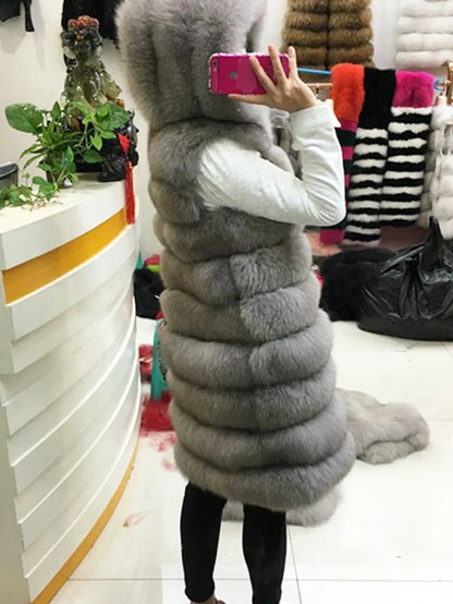 New Luxury Thick Warm Long Faux Fur Vest Sleeveless Winter Jacket Women Furry Hooded Fake Fur Coats Veste Longue Femme