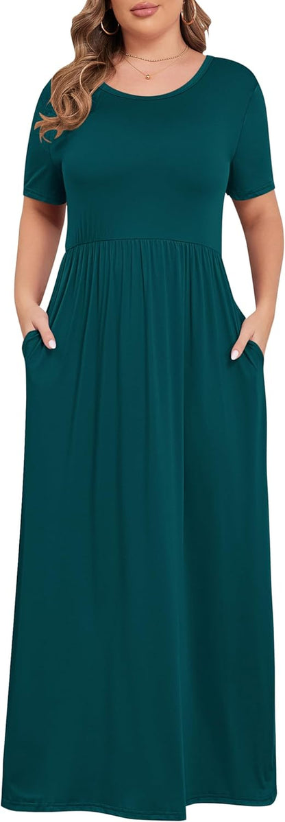 Women plus Size Maxi Dress Short Sleeve round Neck Loose Fit A-Line | plus Size Long Dress,Summer Casual Maxi Dresses,Short Sleeve,Side Pockets,Round Neck,Elastic Waist,14 plus – 26 Plus