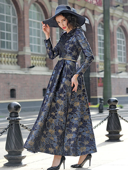 Quality Elegant Women Long Sleeve Maxi Dress Floral Jacquard V Neck Lady Autumn Winter Party Fashion Formal Vestidos